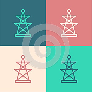Pop art line Electric tower used to support an overhead power line icon isolated on color background. High voltage power