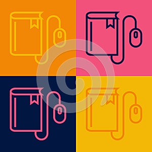 Pop art line Electronic book with mouse icon isolated on color background. Online education concept. E-book badge icon