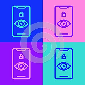 Pop art line Eye scan icon isolated on color background. Scanning eye. Security check symbol. Cyber eye sign. Vector