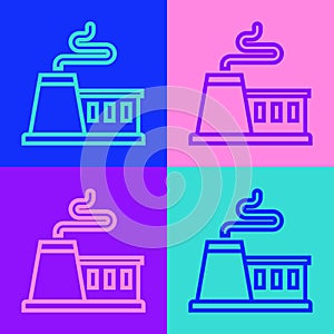 Pop art line Factory icon isolated on color background. Industrial building. Vector