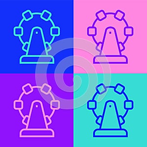 Pop art line Ferris wheel icon isolated on color background. Amusement park. Childrens entertainment playground