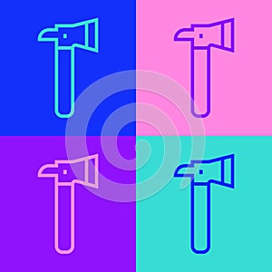 Pop art line Firefighter axe icon isolated on color background. Fire axe. Vector