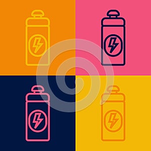 Pop art line Fitness shaker icon isolated on color background. Sports shaker bottle with lid for water and protein