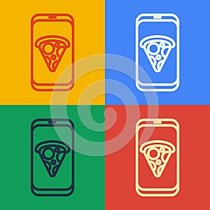 Pop art line Food ordering pizza icon isolated on color background. Order by mobile phone. Restaurant food delivery