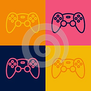 Pop art line Game controller or joystick for game console icon isolated on color background. Vector