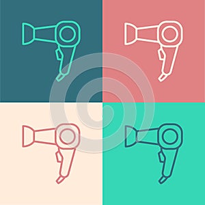 Pop art line Hair dryer icon isolated on color background. Hairdryer sign. Hair drying symbol. Blowing hot air. Vector