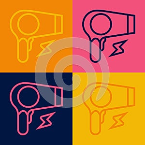 Pop art line Hair dryer icon isolated on color background. Hairdryer sign. Hair drying symbol. Blowing hot air. Vector