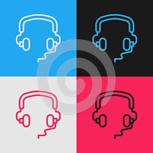 Pop art line Headphones icon isolated on color background. Earphones. Concept for listening to music, service