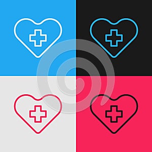 Pop art line Heart with a cross icon isolated on color background. First aid. Healthcare, medical and pharmacy sign