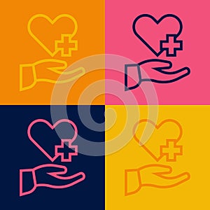 Pop art line Heart with a cross icon isolated on color background. First aid. Healthcare, medical and pharmacy sign