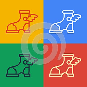 Pop art line Hermes sandal icon isolated on color background. Ancient greek god Hermes. Running shoe with wings. Vector