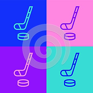 Pop art line Ice hockey stick and puck icon isolated on color background. Vector