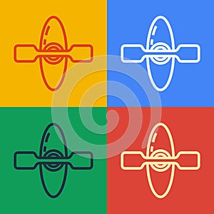 Pop art line Kayak and paddle icon isolated on color background. Kayak and canoe for fishing and tourism. Outdoor