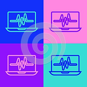 Pop art line Laptop with cardiogram icon isolated on color background. Monitoring icon. ECG monitor with heart beat hand