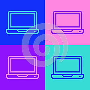 Pop art line Laptop icon isolated on color background. Computer notebook with empty screen sign. Vector