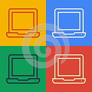 Pop art line Laptop icon isolated on color background. Computer notebook with empty screen sign. Vector