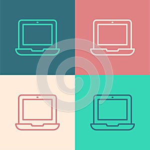Pop art line Laptop icon isolated on color background. Computer notebook with empty screen sign. Vector