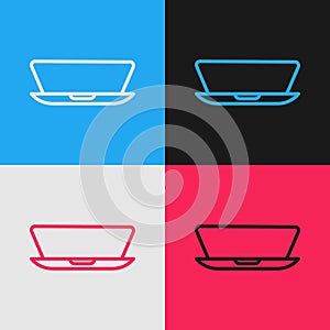 Pop art line Laptop icon isolated on color background. Computer notebook with empty screen sign. Vector