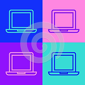 Pop art line Laptop icon isolated on color background. Computer notebook with empty screen sign. Vector Illustration