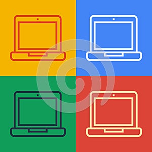 Pop art line Laptop icon isolated on color background. Computer notebook with empty screen sign. Vector Illustration