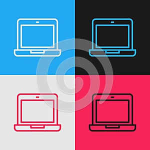 Pop art line Laptop icon isolated on color background. Computer notebook with empty screen sign. Vector Illustration