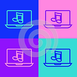 Pop art line Laptop with music note symbol on screen icon isolated on color background. Vector