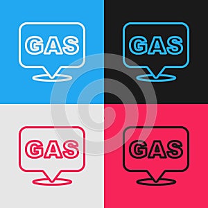 Pop art line Location and petrol or gas station icon isolated on color background. Car fuel symbol. Gasoline pump