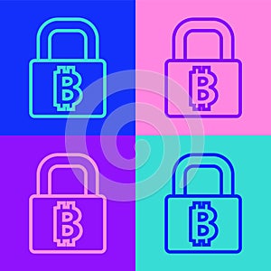 Pop art line Lock with bitcoin icon isolated on color background. Cryptocurrency mining, blockchain technology, security