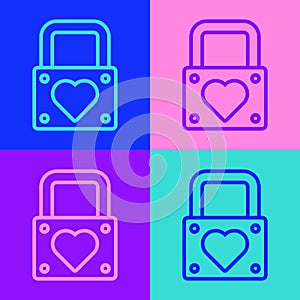 Pop art line Lock and heart icon isolated on color background. Locked Heart. Love symbol and keyhole sign. Valentines