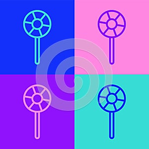 Pop art line Lollipop icon isolated on color background. Candy sign. Food, delicious symbol. Vector