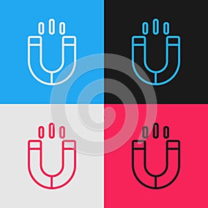 Pop art line Magnet icon isolated on color background. Horseshoe magnet, magnetism, magnetize, attraction. Vector.