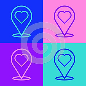 Pop art line Map pointer with heart icon isolated on color background. Valentines day. Love location. Romantic map pin. Vector