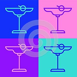 Pop art line Margarita cocktail glass with lime icon isolated on color background. Vector