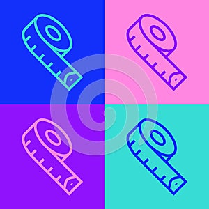 Pop art line Measuring tape icon isolated on color background. Tape measure. Vector