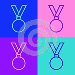 Pop art line Medal icon isolated on color background. Winner achievement sign. Award medal. Vector Illustration