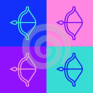 Pop art line Medieval bow and arrow icon isolated on color background. Medieval weapon. Vector