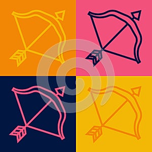 Pop art line Medieval bow and arrow icon isolated on color background. Medieval weapon. Vector