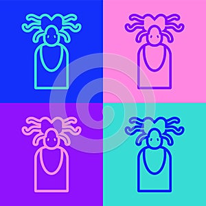 Pop art line Medusa Gorgon head with snakes greek icon isolated on color background. Vector