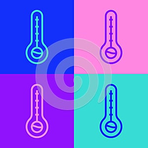 Pop art line Meteorology thermometer measuring heat and cold icon isolated on color background. Thermometer equipment