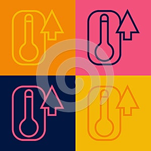 Pop art line Meteorology thermometer measuring heat and cold icon isolated on color background. Thermometer equipment