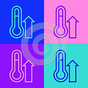 Pop art line Meteorology thermometer measuring icon isolated on color background. Thermometer equipment showing hot or
