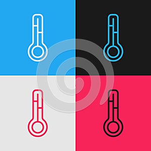 Pop art line Meteorology thermometer measuring icon isolated on color background. Thermometer equipment showing hot or