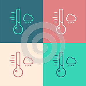 Pop art line Meteorology thermometer measuring icon isolated on color background. Thermometer equipment showing hot or