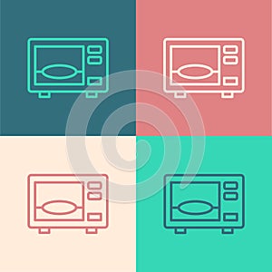 Pop art line Microwave oven icon isolated on color background. Home appliances icon. Vector