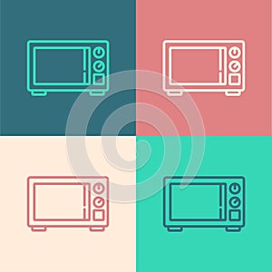 Pop art line Microwave oven icon isolated on color background. Home appliances icon. Vector