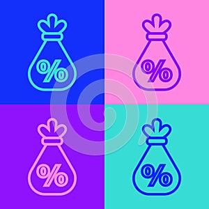 Pop art line Money bag with percent icon isolated on color background. Cash Banking currency sign. Vector Illustration