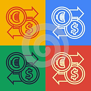 Pop art line Money exchange icon isolated on color background. Euro and Dollar cash transfer symbol. Banking currency