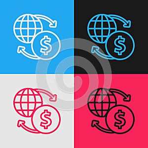 Pop art line Money exchange icon isolated on color background. Euro and Dollar cash transfer symbol. Banking currency