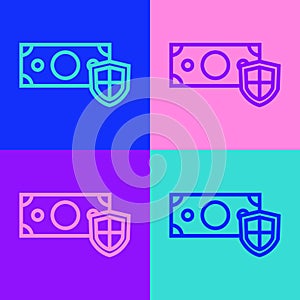Pop art line Money with shield icon isolated on color background. Insurance concept. Security, safety, protection