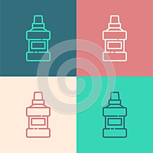 Pop art line Mouthwash plastic bottle and glass icon isolated on color background. Liquid for rinsing mouth. Oralcare